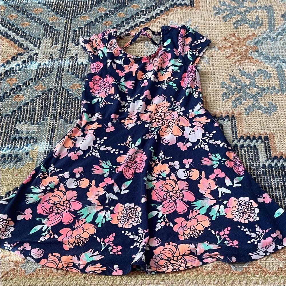 Girls Navy Floral Flutter Sleeve Dress